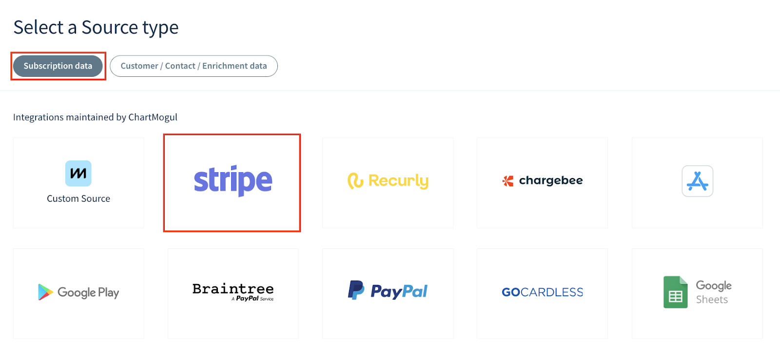 Screenshot of the Select a source type dialog showing the locations of the Subscription data tab and the Stripe source.