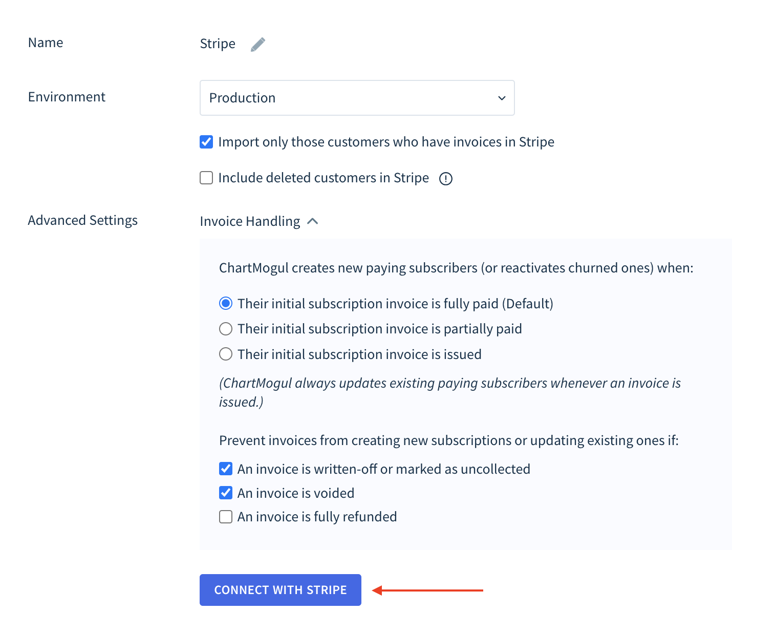 Screenshot of the Stripe Source modal showing the location of the Connect with Stripe button.