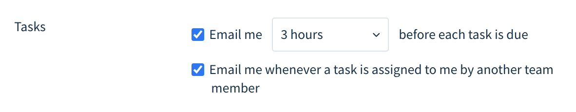 Screenshot of the Tasks section with options to configure notifications of tasks nearing their deadline and newly assigned tasks.