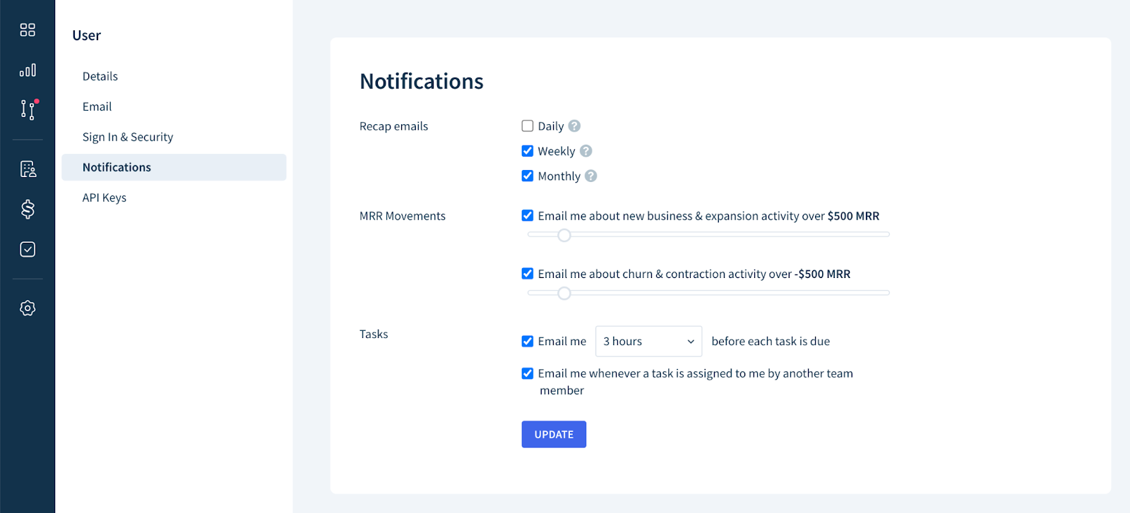 Screenshot of the Notifications page with three sections: Recap emails, MRR Movements and Tasks.