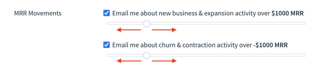 Screenshot of the MRR Movements section highlighting two sliders for adjusting the amount of MRR that triggers notifications: one for new business and expansion, and one for churn and contraction.