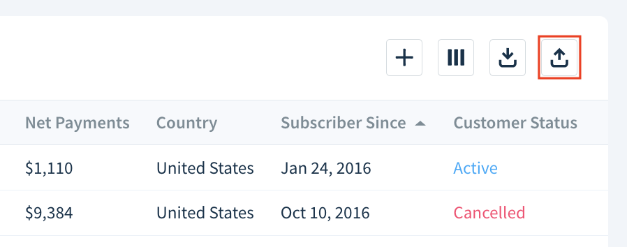 Screenshot of the Export as CSV icon located above a customer list.