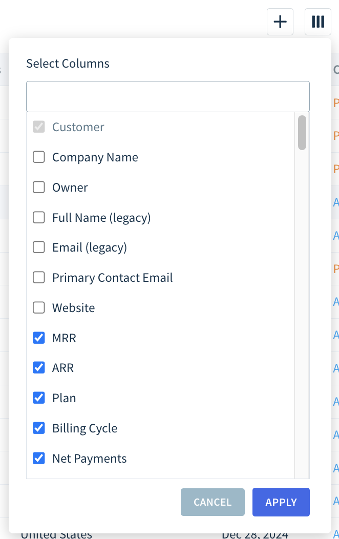 Screenshot of the Select Columns menu with a search field and various options to choose from, such as MRR, ARR, Plan, or Billing Cycle.