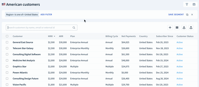 Screencap of the user moving a column in a customer list by clicking its header and dragging the column to a new position.