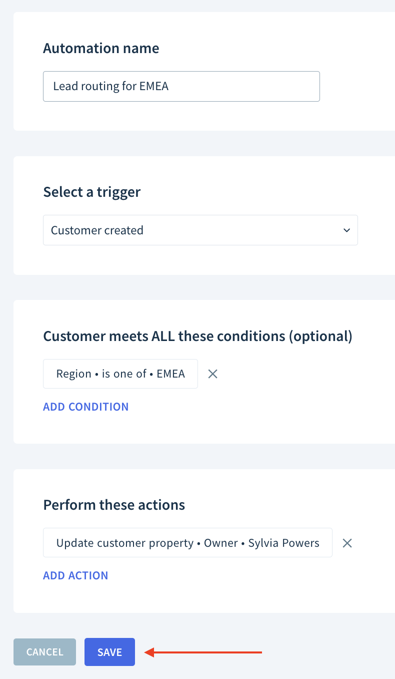 Screenshot highlighting the location of the Save button on the Add automation page