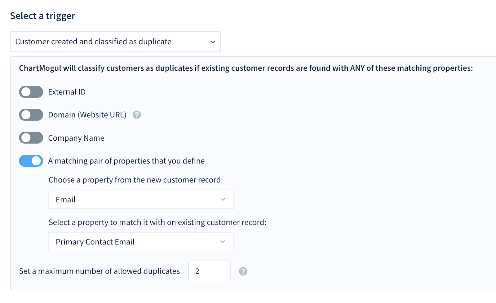 Screenshot of the additional options for classifying duplicate customers.