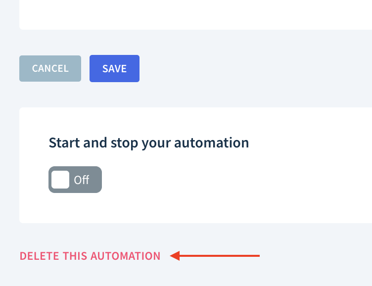 Screenshot highlighting the location of the Delete This Automation option.