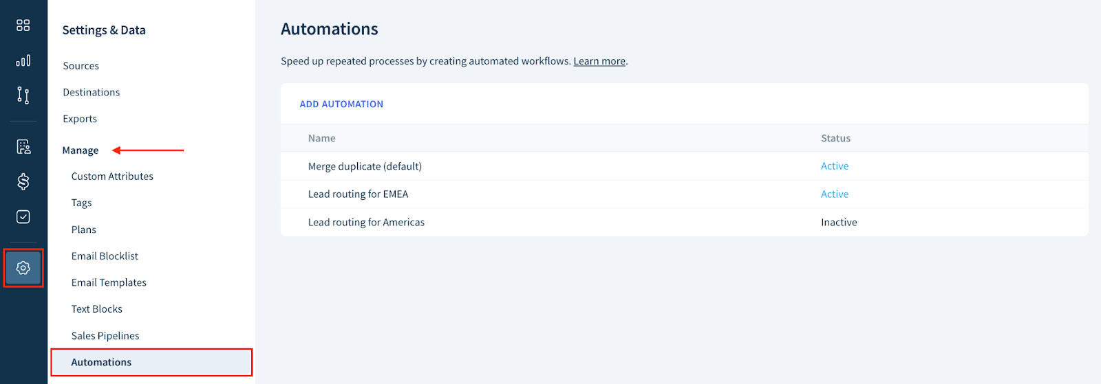Screenshot of the Automations page listing all automations.