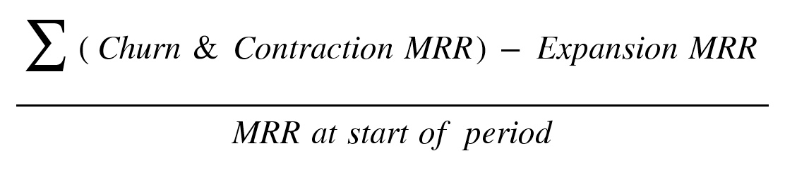 Math equation: open paren sum of Churn and Contraction MRR minus Expansion MRR close paren divided by MRR as the start of the period