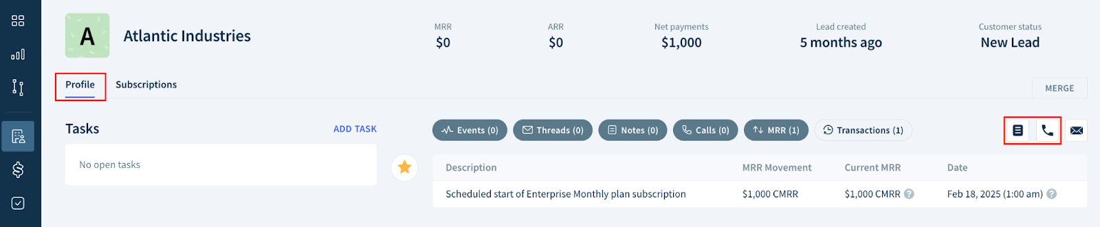 Screenshot of the Profile tab of a customer record showing the location of the icons to add notes and call buttons.