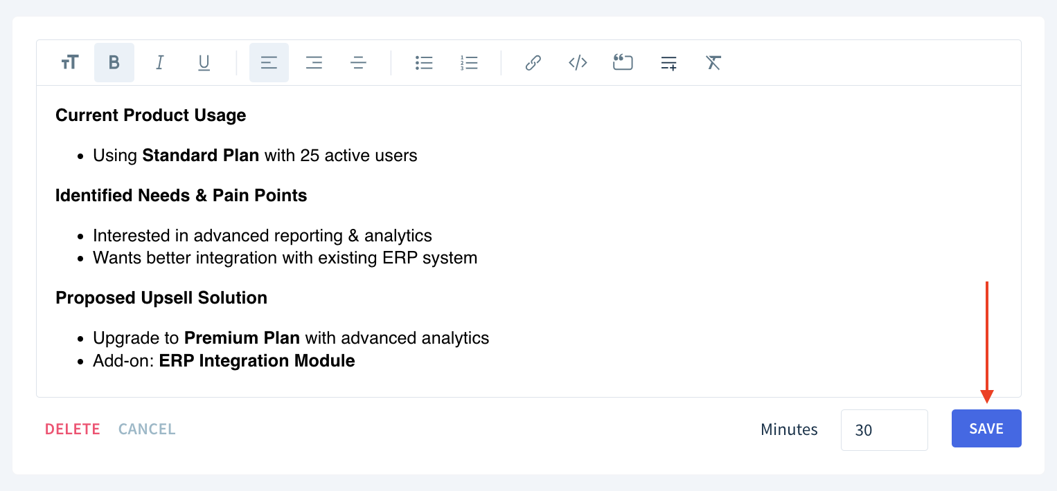 Screenshot of the interface for editing a note or call log with the Save button highlighted.