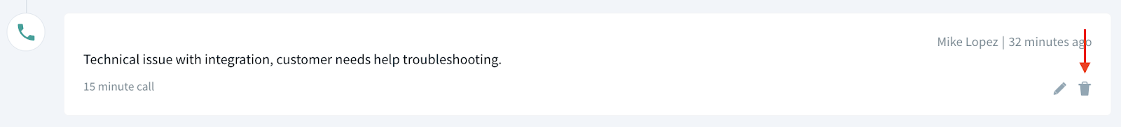 Screenshot showing the location of the delete icon on a note in the activity list.