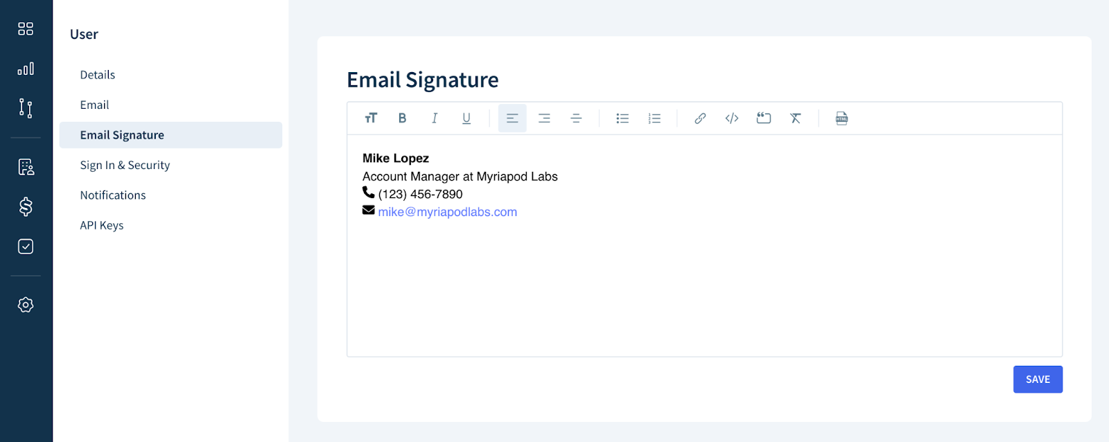 Screenshot of the Email Signature page.