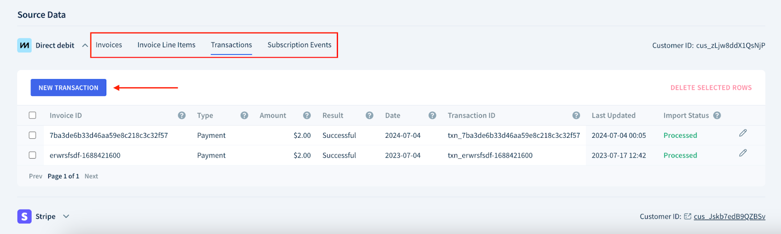Screenshot of an expanded Transactions table showing the tabs to switch between tables and the New Transaction button.