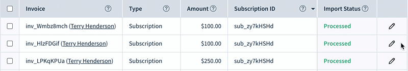 Screencap of editing a row in the Invoice Line Items table.