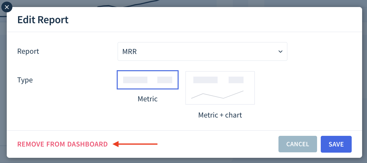 Screenshot of the Edit Report dialog highlighting the Remove From Dashboard button.