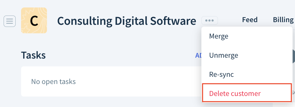 Screenshot of a customer record header highlighting the Re-sync option in the drop-down next to the customer name.