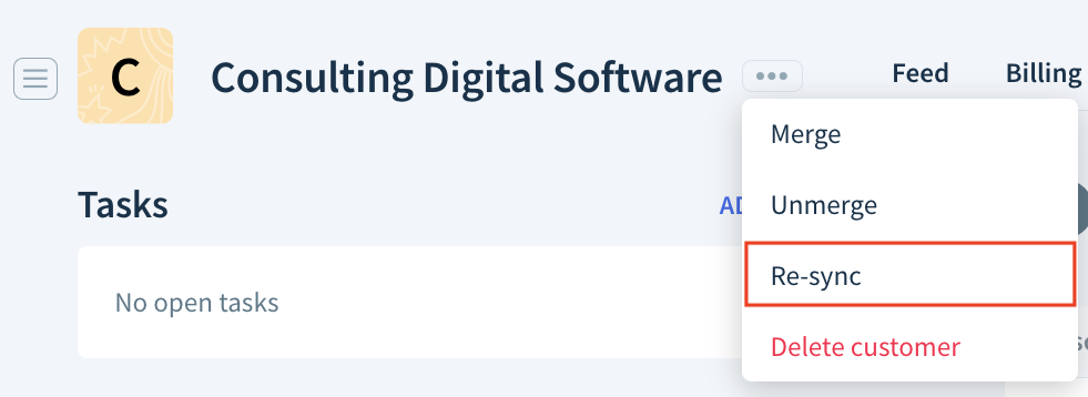 Screenshot of a customer record header highlighting the Re-sync option in the drop-down next to the customer name.