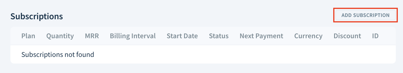 Screenshot of the Subscription table with the Add Subscription button highlighted.