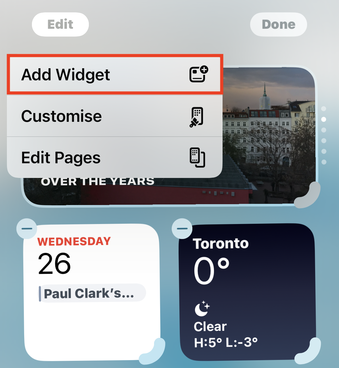Screenshot of the Edit menu with the Add Widget option.