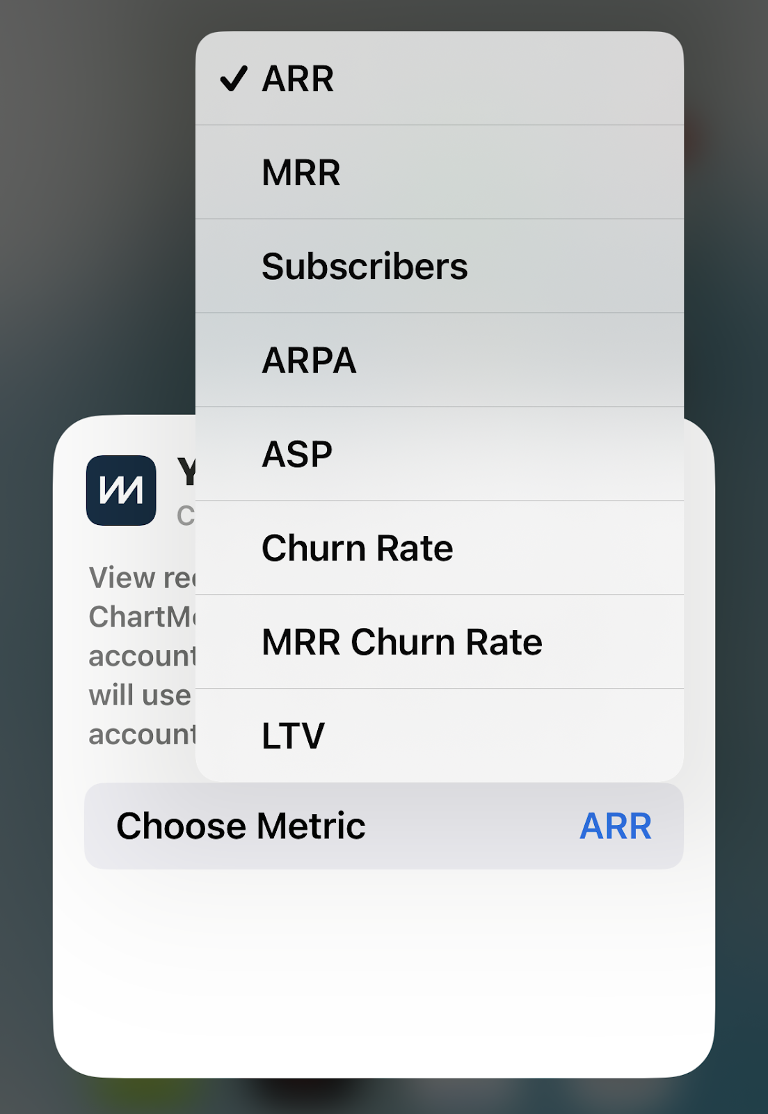 Screenshot of the Choose Metric menu.
