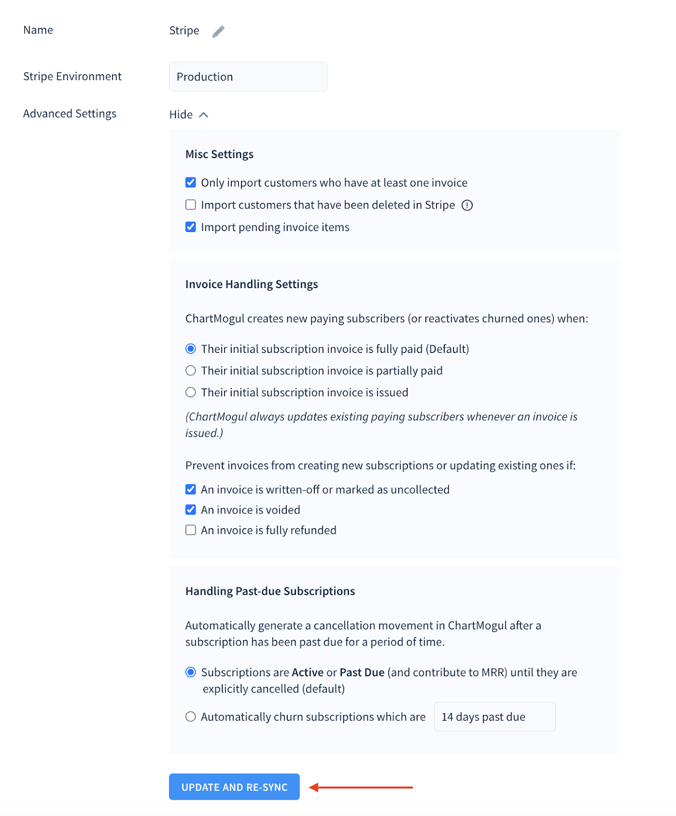 Screenshot of the Stripe Source modal showing the location of the Update and Re-sync button.