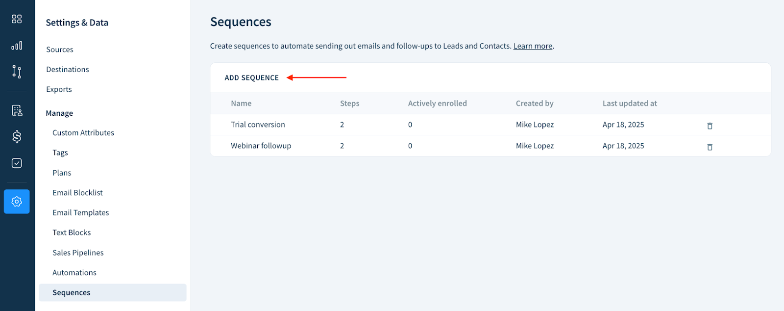 Screenshot of the Sequences page showing the location of the Add Sequence button.