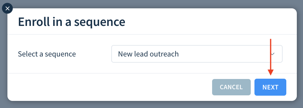 Screenshot showing the location of the Next button in the Enroll in a sequence dialog.