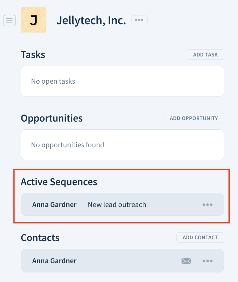 Screenshot of the Active Sequences section of a customer record.