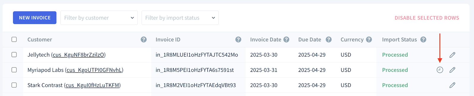 Screenshot of the history icon indicating a user-modified invoice line item.