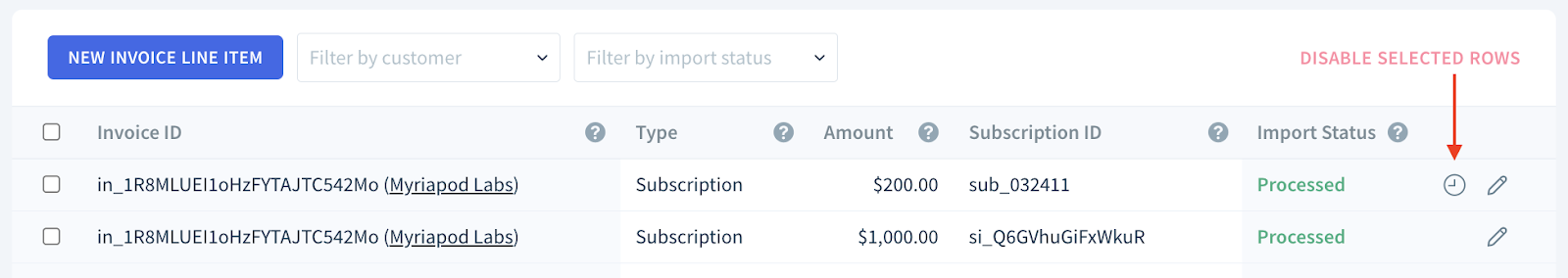Screenshot of the history icon indicating a manually added invoice line item.