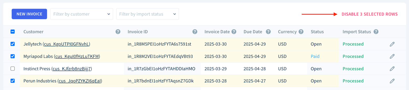 Screenshot of the Invoices tab with three rows selected and a button titled Disable 3 Selected Rows.