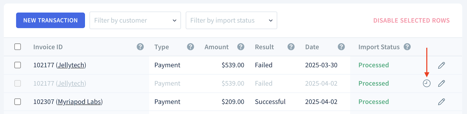 Screenshot of a disabled transaction row. The row is grayed out and displays the history icon.