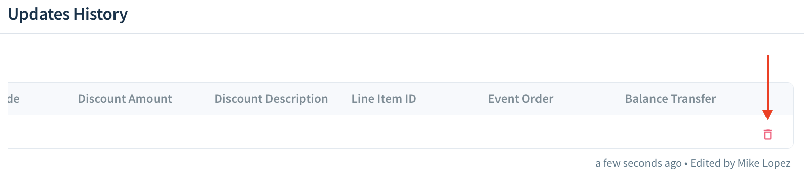 Screenshot of the Updates History dialog showing the placement of the delete icon.