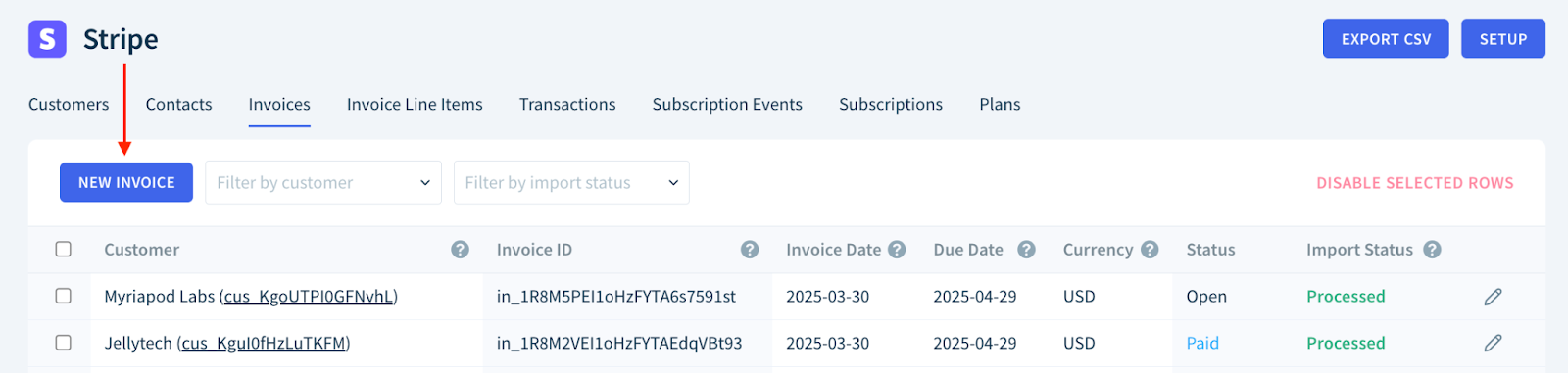 Screenshot of a Stripe source’s Invoices table showing the location of the New Invoice button.