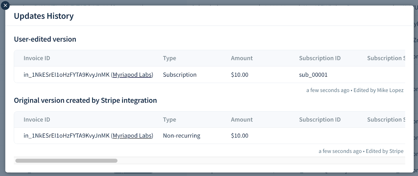 Screenshot of the Updates History dialog showing a user-edited version of an invoice line item and its original version imported from Recurly.