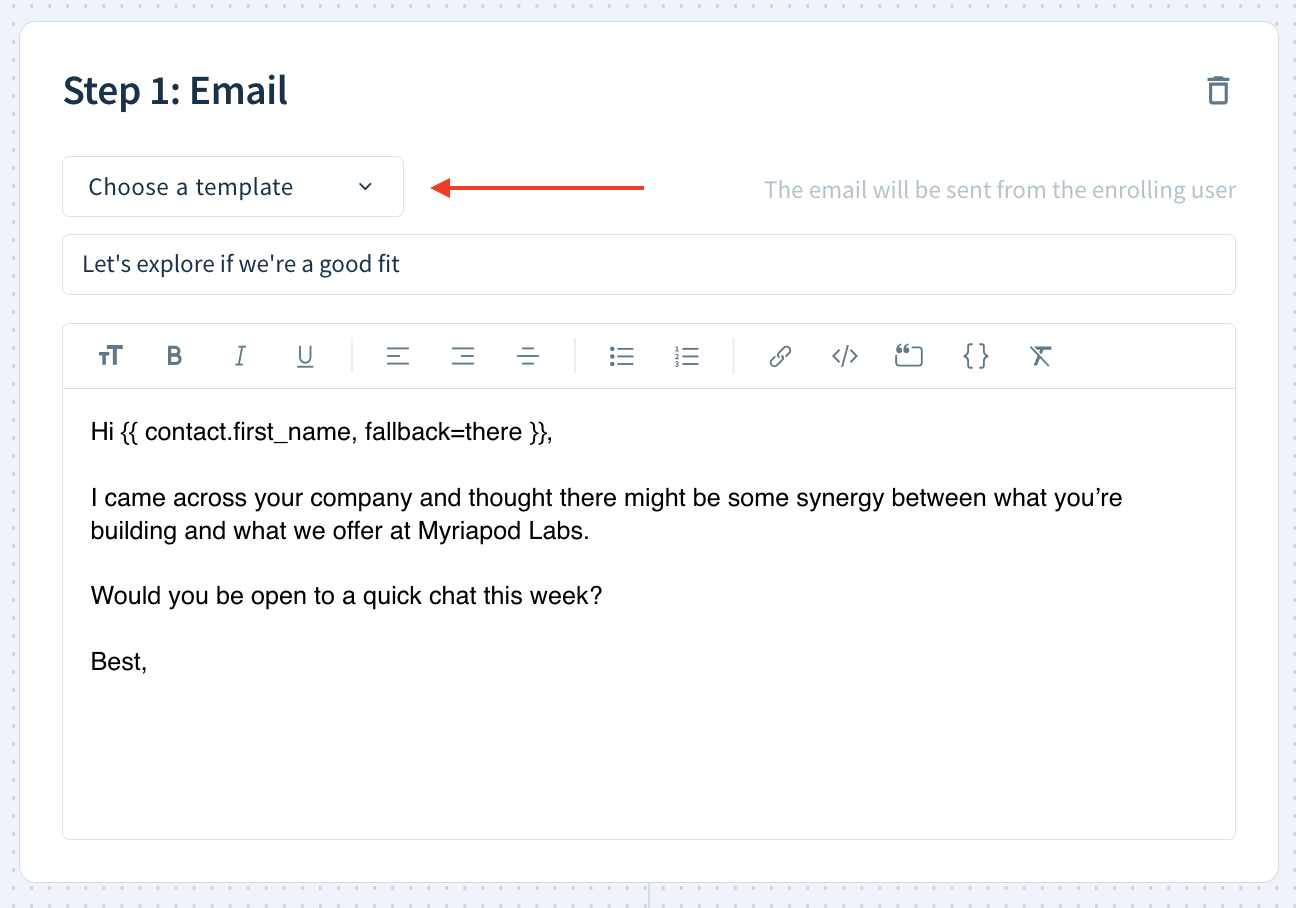 Screenshot of the interface to add an email step highlighting the drop-down to choose a template.