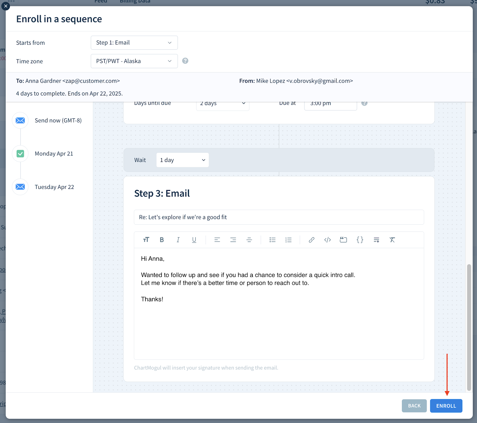 Screenshot showing the location of the Next button in the Enroll in a sequence dialog.