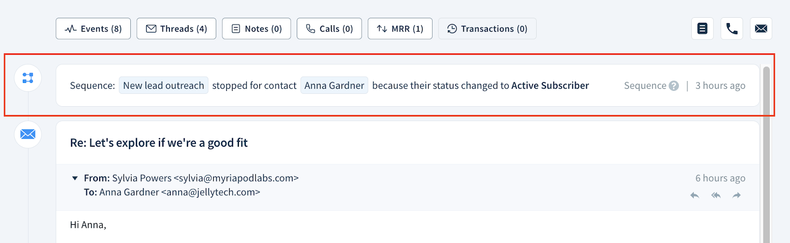 Screenshot of a customer record feed with information that a sequence stopped because the lead became an active subscriber.