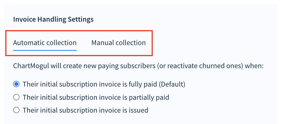 Screenshot of the invoice handling settings highlighting two tabs: Automatic collection and Manual collection.