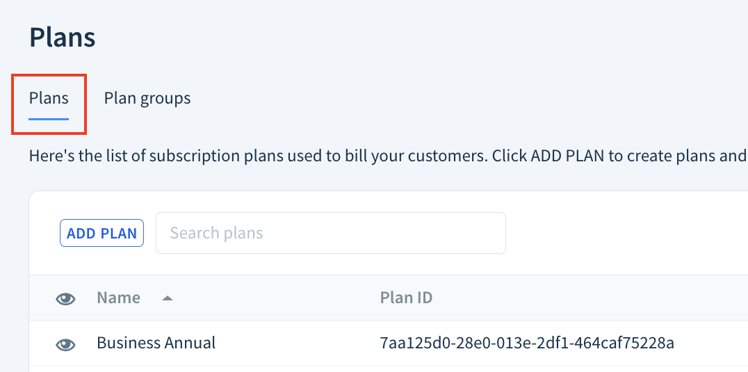 Screenshot of the Plans page with the Plans tab highlighted.