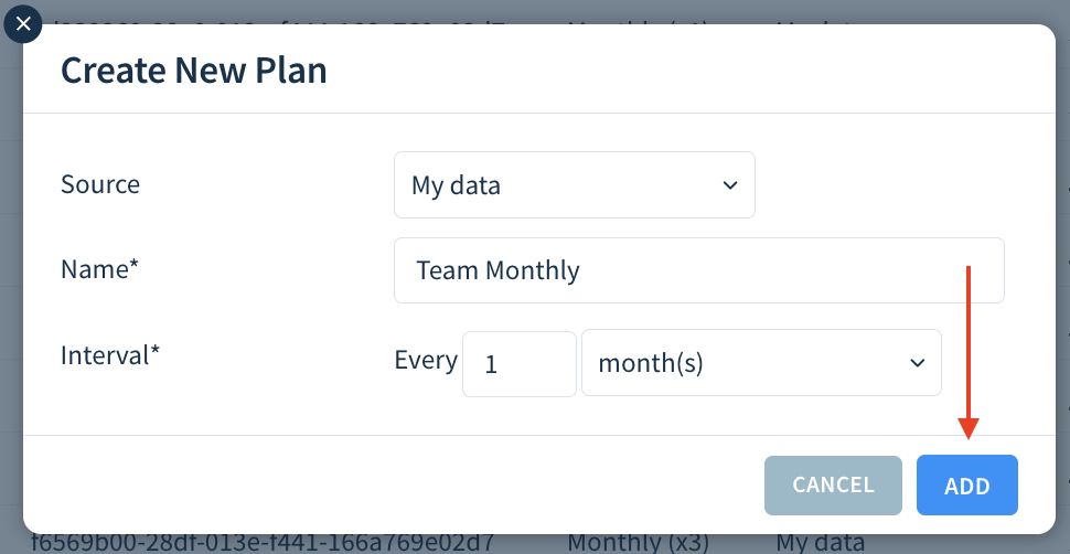 Screenshot of the Create New Plan dialog with the Add button highlighted.