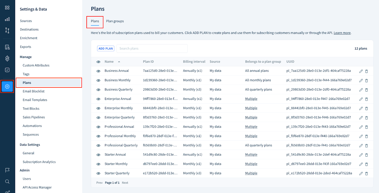 Screenshot of the Plans page with the Plans tab selected.