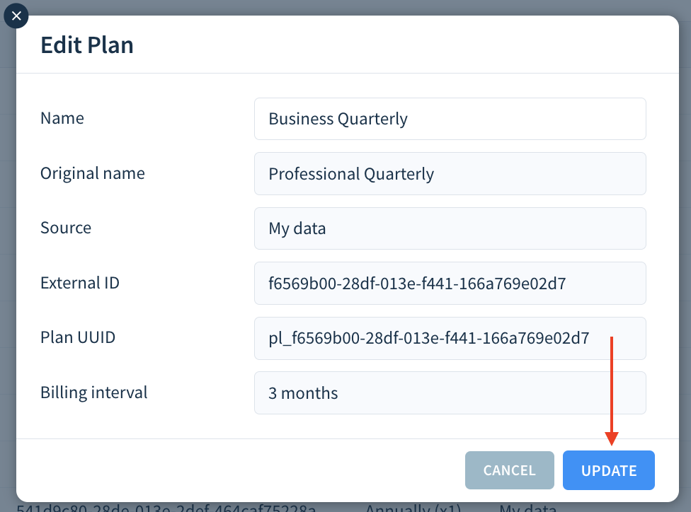Screenshot of the Edit Plan dialog with the Update button highlighted.