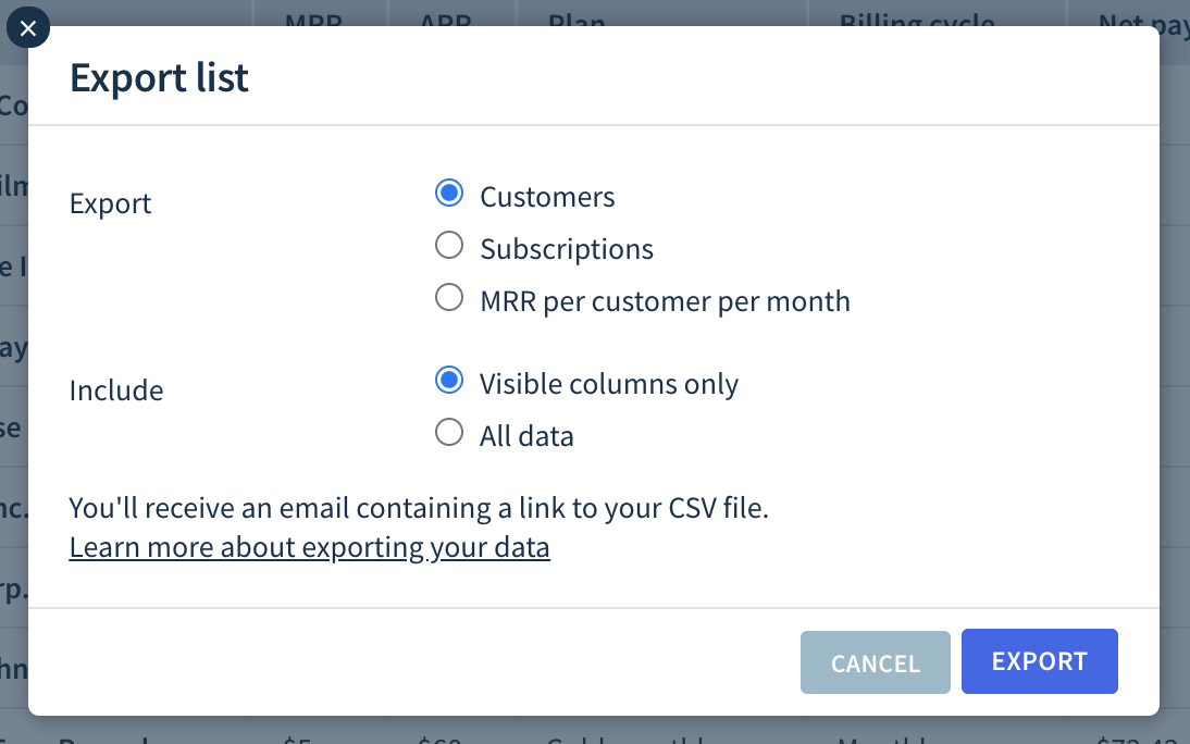 Screenshot of the Export list dialog with the option to export customers, subscriptions, or MRR per customer per month and include visible columns only or all data. The dialog has two buttons: Cancel and Export.