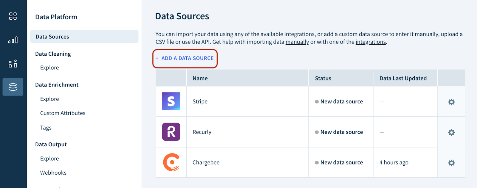 Screenshot of the Data Sources page as described