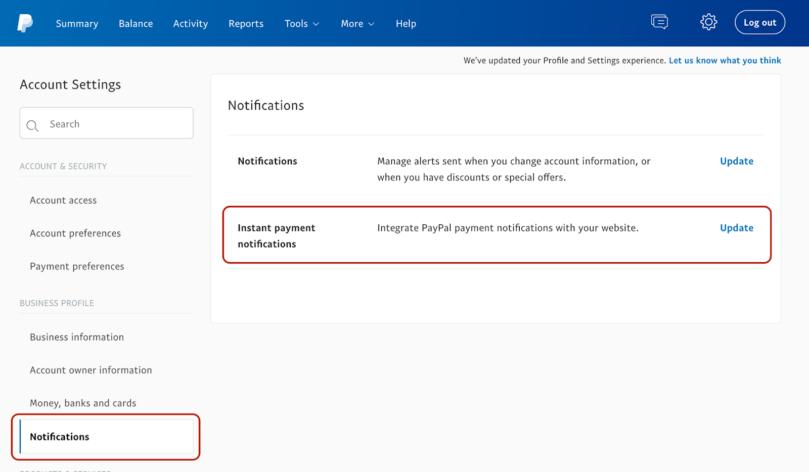 Screenshot of PayPal’s interface showing how to access the Instant payment notification settings we describe