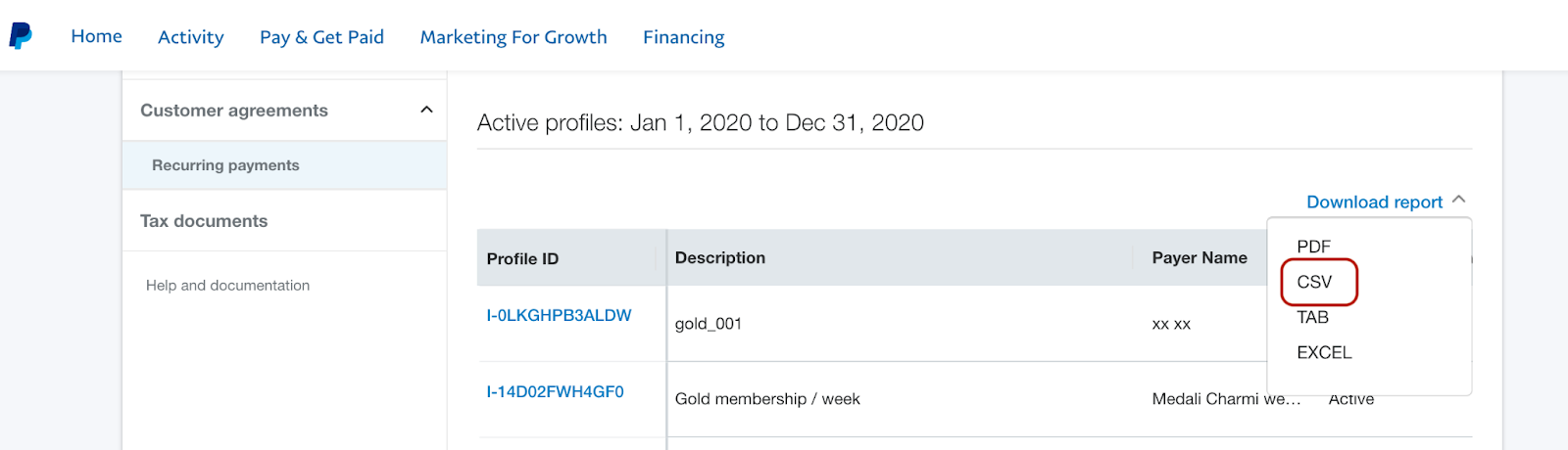 Screenshot of PayPal’s download report menu with CSV highlighted