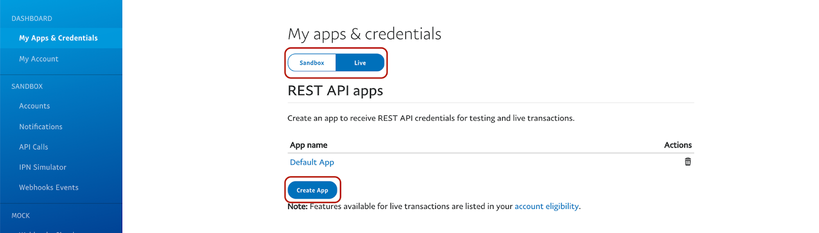 Screenshot of PayPay’s interface for creating a REST API app