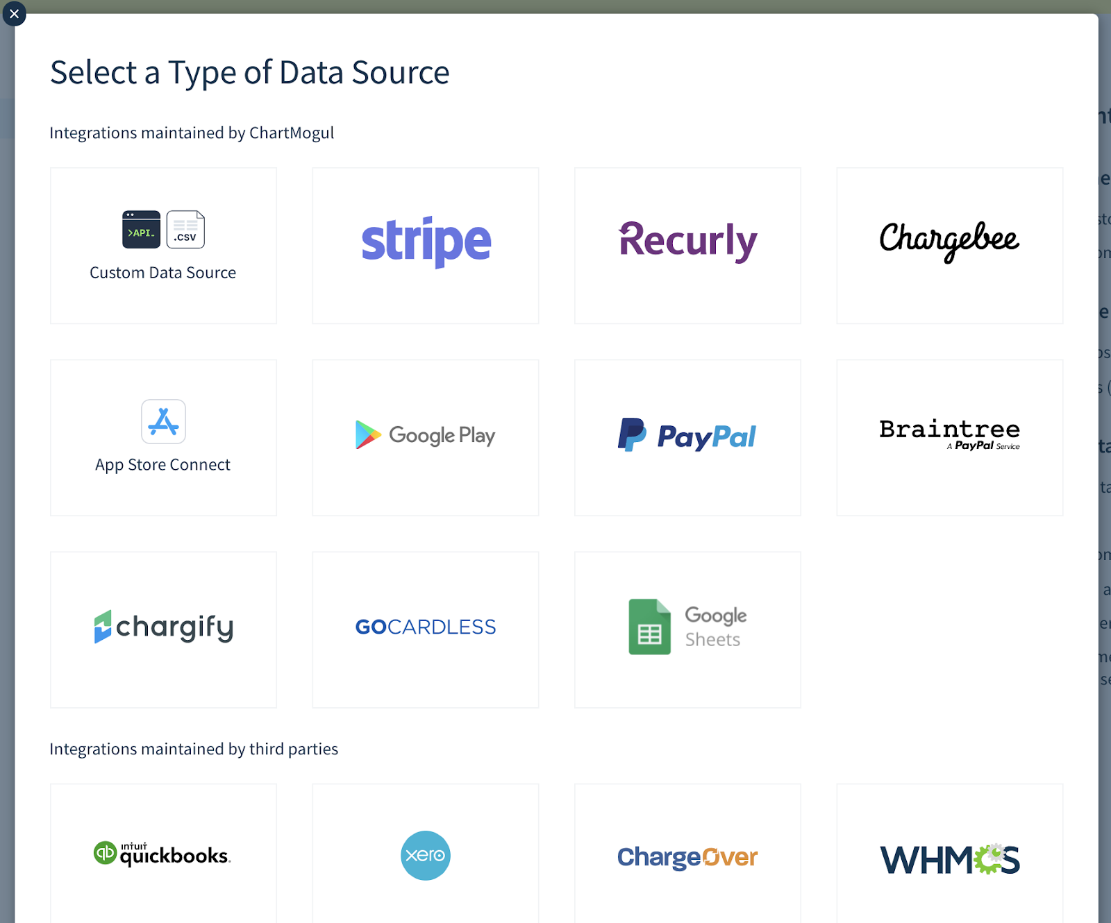 Screenshot of showing the list of data sources available in ChartMogul